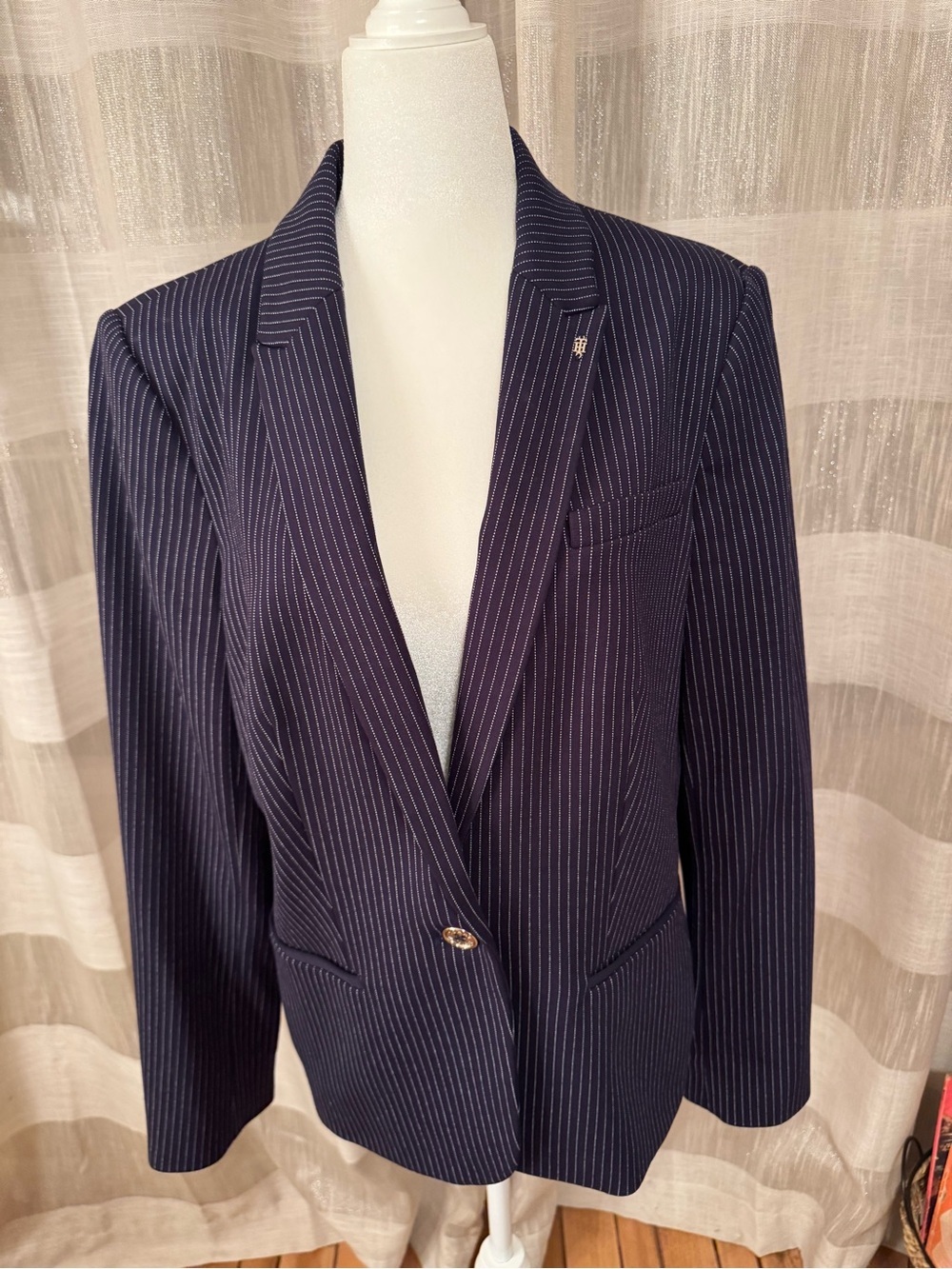 Tommy Hilfiger Navy Pinstripe Blazer with Elbow Patches - Picture 2 of 12